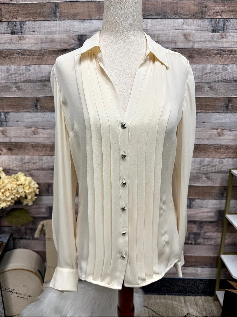 White House Black Market cream silk button down blouse